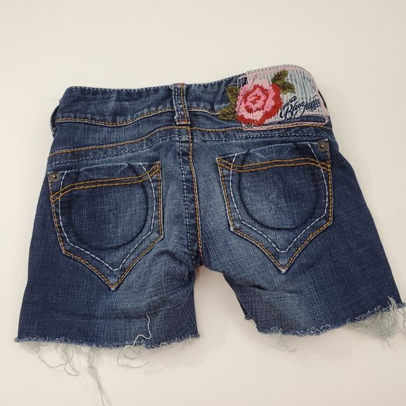 Blue Tattoo Jean Shorts 24 Cut Off Embroidered Den - Picture 6 of 7